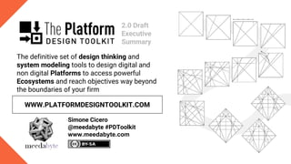 The definitive set of design thinking and
system modeling tools to design digital and
non digital Platforms to access powerful
Ecosystems and reach objectives way beyond
the boundaries of your firm
Simone Cicero
@meedabyte #PDToolkit
www.meedabyte.com
2.0 Draft
Executive
Summary
WWW.PLATFORMDESIGNTOOLKIT.COM
 