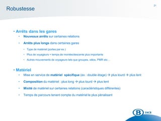 21
Robustesse
• Arrêts dans les gares
• Nouveaux arrêts sur certaines relations
• Arrêts plus longs dans certaines gares
• Type de matériel (portes par ex.)
• Plus de voyageurs = temps de montée/descente plus importants
• Autres mouvements de voyageurs tels que groupes, vélos, PMR etc…
• Matériel
• Mise en service de matériel spécifique (ex : double étage)  plus lourd  plus lent
• Composition du matériel : plus long  plus lourd  plus lent
• Mixité de matériel sur certaines relations (caractéristiques différentes)
• Temps de parcours tenant compte du matériel le plus pénalisant
 