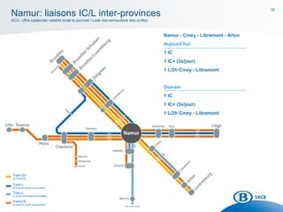 38
Namur - Ciney - Libramont - Arlon
Aujourd’hui
1 IC
1 IC+ (3x/jour)
1 L/2h Ciney - Libramont
Demain
1 IC
1 IC+ (3x/jour)
1 L/2h Ciney - Libramont
Namur: liaisons IC/L inter-provinces
(IC/L: offre cadencée valable toute la journée / Liste non-exhaustive des arrêts)
 