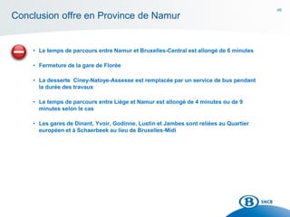 48
Conclusion offre en Province de Namur
• Le temps de parcours entre Namur et Bruxelles-Central est allongé de 6 minutes
• Fermeture de la gare de Florée
• La desserte Ciney-Natoye-Assesse est remplacée par un service de bus pendant
la durée des travaux
• Le temps de parcours entre Liège et Namur est allongé de 4 minutes ou de 9
minutes selon le cas
• Les gares de Dinant, Yvoir, Godinne, Lustin et Jambes sont reliées au Quartier
européen et à Schaerbeek au lieu de Bruxelles-Midi
 
