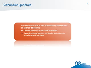 51
Conclusion générale
Une meilleure offre et des promesses mieux tenues
en termes d’horaires
 Le client retrouve un vrai choix de mobilité
 Il peut à nouveau planifier son emploi du temps avec
une plus grande certitude
 