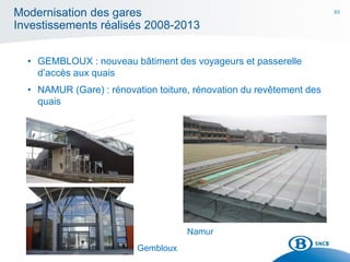 63
Modernisation des gares
Investissements réalisés 2008-2013
• GEMBLOUX : nouveau bâtiment des voyageurs et passerelle
d’accès aux quais
• NAMUR (Gare) : rénovation toiture, rénovation du revêtement des
quais
Namur
Gembloux
 