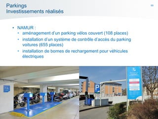 69
Parkings
Investissements réalisés
• NAMUR :
• aménagement d’un parking vélos couvert (108 places)
• installation d’un système de contrôle d’accès du parking
voitures (655 places)
• installation de bornes de rechargement pour véhicules
électriques
 
