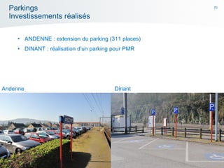 70
Parkings
Investissements réalisés
• ANDENNE : extension du parking (311 places)
• DINANT : réalisation d’un parking pour PMR
DinantAndenne
 