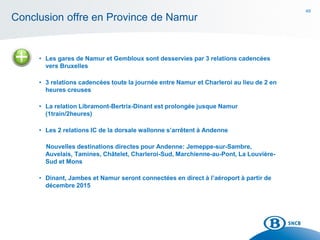 49
Conclusion offre en Province de Namur
• Les gares de Namur et Gembloux sont desservies par 3 relations cadencées
vers Bruxelles
• 3 relations cadencées toute la journée entre Namur et Charleroi au lieu de 2 en
heures creuses
• La relation Libramont-Bertrix-Dinant est prolongée jusque Namur
(1train/2heures)
• Les 2 relations IC de la dorsale wallonne s’arrêtent à Andenne
Nouvelles destinations directes pour Andenne: Jemeppe-sur-Sambre,
Auvelais, Tamines, Châtelet, Charleroi-Sud, Marchienne-au-Pont, La Louvière-
Sud et Mons
• Dinant, Jambes et Namur seront connectées en direct à l’aéroport à partir de
décembre 2015
 
