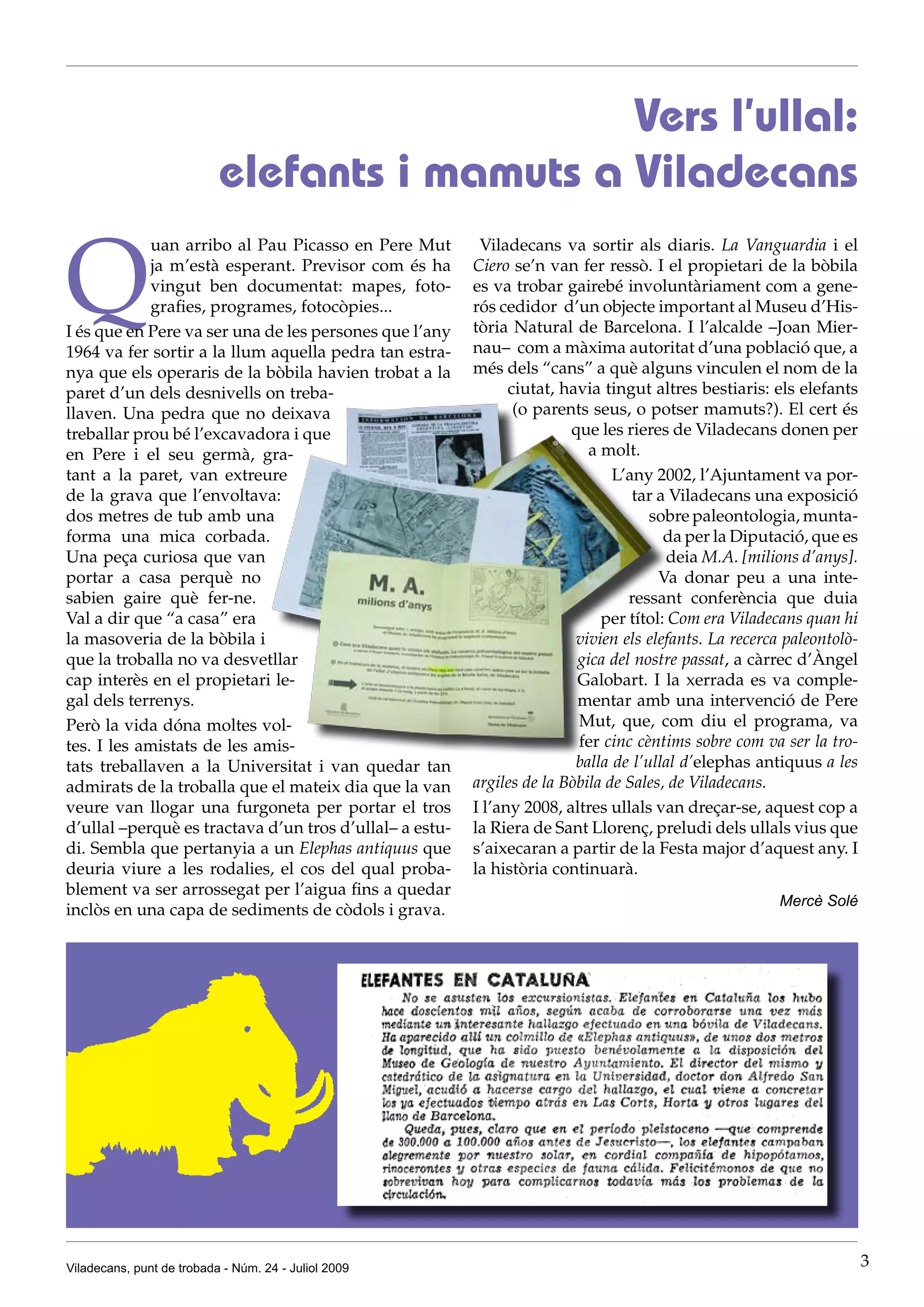 Vers l’ullal:
                           elefants i mamuts a Viladecans

Q
            uan arribo al Pau Picasso en Pere Mut         Viladecans va sortir als diaris. La Vanguardia i el
            ja m’està esperant. Previsor com és ha       Ciero se’n van fer ressò. I el propietari de la bòbila
            vingut ben documentat: mapes, foto-          es va trobar gairebé involuntàriament com a gene-
            grafies, programes, fotocòpies...            rós cedidor d’un objecte important al Museu d’His-
I és que en Pere va ser una de les persones que l’any    tòria Natural de Barcelona. I l’alcalde –Joan Mier-
1964 va fer sortir a la llum aquella pedra tan estra-    nau– com a màxima autoritat d’una població que, a
nya que els operaris de la bòbila havien trobat a la     més dels “cans” a què alguns vinculen el nom de la
paret d’un dels desnivells on treba-                           ciutat, havia tingut altres bestiaris: els elefants
llaven. Una pedra que no deixava                                (o parents seus, o potser mamuts?). El cert és
treballar prou bé l’excavadora i que                                    que les rieres de Viladecans donen per
en Pere i el seu germà, gra-                                               a molt.
tant a la paret, van extreure                                                  L’any 2002, l’Ajuntament va por-
de la grava que l’envoltava:                                                      tar a Viladecans una exposició
dos metres de tub amb una                                                            sobre paleontologia, munta-
forma una mica corbada.                                                                da per la Diputació, que es
Una peça curiosa que van                                                               deia M.A. [milions d’anys].
portar a casa perquè no                                                               Va donar peu a una inte-
sabien gaire què fer-ne.                                                         ressant conferència que duia
Val a dir que “a casa” era                                                   per títol: Com era Viladecans quan hi
la masoveria de la bòbila i                                              vivien els elefants. La recerca paleontolò-
que la troballa no va desvetllar                                         gica del nostre passat, a càrrec d’Àngel
cap interès en el propietari le-                                         Galobart. I la xerrada es va comple-
gal dels terrenys.                                                       mentar amb una intervenció de Pere
Però la vida dóna moltes vol-                                            Mut, que, com diu el programa, va
tes. I les amistats de les amis-                                         fer cinc cèntims sobre com va ser la tro-
tats treballaven a la Universitat i van quedar tan                       balla de l’ullal d’elephas antiquus a les
admirats de la troballa que el mateix dia que la van     argiles de la Bòbila de Sales, de Viladecans.
veure van llogar una furgoneta per portar el tros        I l’any 2008, altres ullals van dreçar-se, aquest cop a
d’ullal –perquè es tractava d’un tros d’ullal– a estu-   la Riera de Sant Llorenç, preludi dels ullals vius que
di. Sembla que pertanyia a un Elephas antiquus que       s’aixecaran a partir de la Festa major d’aquest any. I
deuria viure a les rodalies, el cos del qual proba-      la història continuarà.
blement va ser arrossegat per l’aigua fins a quedar
                                                                                                       Mercè Solé
inclòs en una capa de sediments de còdols i grava.




Viladecans, punt de trobada - Núm. 24 - Juliol 2009                                                                    3
 