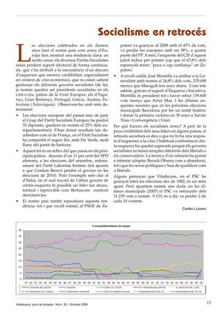 Socialisme en retrocés

L
          es eleccions celebrades en els darrers               patero va guanyar al 2008 amb el 43% de vots,
          anys tant al nostre país com arreu d’Eu-             va perdre les europees amb un 38%, a quatre
          ropa han mostrat una tendència clara: en             punts del PP. A més, l’enquesta del CIS d’aquest
          molts casos, els diversos Partits Socialistes        juliol indica per primer cop que el 67,8% dels
estan perdent suport electoral de forma continua-              espanyols tenen “poca o cap confiança” en Za-
da, que s’ha atribuït a la inexistència d’un discurs           patero.
d’esquerres que mereixi credibilitat, especialment        •	 A nivell català, José Montilla va arribar a la Ge-
en context de crisi econòmica, que no estan sabent             neralitat amb només el 26,8% dels vots, 235.000
gestionar els diferents governs socialistes (de fet,           menys que Maragall tres anys abans. Com tots
ja només queden set presidents socialistes en els              sabem, gràcies al suport d’Esquerra i Iniciativa,
vint-i-cinc països de la Unió Europea: els d’Espa-             Montilla és president tot i haver rebut 139.600
nya, Gran Bretanya, Portugal, Grècia, Àustria, Es-             vots menys que Artur Mas. I les últimes en-
lovènia i Eslovàquia). Observem-ho amb més de-                 questes mostren que en les pròximes eleccions
teniment:                                                      municipals Barcelona pot fer un tomb històric
•	 Les eleccions europees del passat mes de juny               i donar la primera victòria en 30 anys a Xavier
    el Grup del Partit Socialista Europeu ha perdut            Trias i Convergència i Unió.
    33 diputats, quedant en només el 25% dels eu-         Per què baixen els socialistes arreu? A part de la
    roparlamentaris. S’han donat resultats tan de-        poca credibilitat dels seus líders en alguns països, el
    cebedors com el de França, on el Parti Socialiste     retrocés socialista es deu a que no hi ha una respos-
    ha compartit el segon lloc amb Els Verds, molt        ta d’esquerres a la crisi; l’habitual confrontació dre-
    lluny del partit de Sarkozy.                          ta-esquerra ha quedat superada perquè els governs
•	 Aquest fet és un reflex del que passa en els prin-     socialistes no tenen receptes diferents dels liberals o
    cipals països: descens d’un 11 per cent del SPD       els conservadors. La recerca d’un referent ha portat
    alemany a les eleccions del setembre, enfons-         a intentar adoptar Barack Obama com a abanderat,
    ament del Partit Laborista britànic (tot apunta       tot i que les seves polítiques s’han de qualificar com
    a que Gordon Brown perdrà el govern en les            a liberals.
    eleccions de 2010). Però l’exemple més clar el        Alguns pensaran que Viladecans, on el PSC ha
    d’Itàlia, on el mal record de l’últim govern de       guanyat totes les eleccions des de 1982, és un món
    centre-esquerra fa possible un líder tan desau-       apart. Però apuntem només una dada: en les úl-
    toritzat i reprovable com Berlusconi continuï         times municipals (2007) el PSC va retrocedir dels
    derrotant-los.                                        11.239 vots a només 9.133; és a dir, va perdre 2 de
•	 El nostre país també reprodueix aquesta ten-           cada 10 votants.
    dència: tot i que nivell estatal, el PSOE de Za-
                                                                                                  Carles Lozano




Viladecans, punt de trobada - Núm. 26 - Octubre 2009                                                                13
 