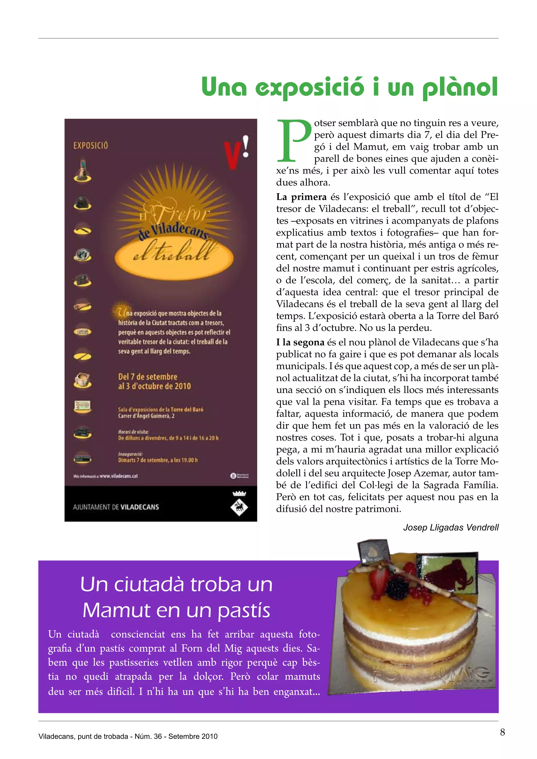 Una exposició i un plànol

                                                        P
                                                                  otser semblarà que no tinguin res a veure,
                                                                  però aquest dimarts dia 7, el dia del Pre-
                                                                  gó i del Mamut, em vaig trobar amb un
                                                                  parell de bones eines que ajuden a conèi-
                                                        xe’ns més, i per això les vull comentar aquí totes
                                                        dues alhora.
                                                        La primera és l’exposició que amb el títol de “El
                                                        tresor de Viladecans: el treball”, recull tot d’objec-
                                                        tes –exposats en vitrines i acompanyats de plafons
                                                        explicatius amb textos i fotografies– que han for-
                                                        mat part de la nostra història, més antiga o més re-
                                                        cent, començant per un queixal i un tros de fèmur
                                                        del nostre mamut i continuant per estris agrícoles,
                                                        o de l’escola, del comerç, de la sanitat… a partir
                                                        d’aquesta idea central: que el tresor principal de
                                                        Viladecans és el treball de la seva gent al llarg del
                                                        temps. L’exposició estarà oberta a la Torre del Baró
                                                        fins al 3 d’octubre. No us la perdeu.
                                                        I la segona és el nou plànol de Viladecans que s’ha
                                                        publicat no fa gaire i que es pot demanar als locals
                                                        municipals. I és que aquest cop, a més de ser un plà-
                                                        nol actualitzat de la ciutat, s’hi ha incorporat també
                                                        una secció on s’indiquen els llocs més interessants
                                                        que val la pena visitar. Fa temps que es trobava a
                                                        faltar, aquesta informació, de manera que podem
                                                        dir que hem fet un pas més en la valoració de les
                                                        nostres coses. Tot i que, posats a trobar-hi alguna
                                                        pega, a mi m’hauria agradat una millor explicació
                                                        dels valors arquitectònics i artístics de la Torre Mo-
                                                        dolell i del seu arquitecte Josep Azemar, autor tam-
                                                        bé de l’edifici del Col·legi de la Sagrada Família.
                                                        Però en tot cas, felicitats per aquest nou pas en la
                                                        difusió del nostre patrimoni.
                                                                                      Josep Lligadas Vendrell




            Un ciutadà troba un
            Mamut en un pastís
  Un ciutadà conscienciat ens ha fet arribar aquesta foto-
  grafia d’un pastís comprat al Forn del Mig aquests dies. Sa-
  bem que les pastisseries vetllen amb rigor perquè cap bès-
  tia no quedi atrapada per la dolçor. Però colar mamuts
  deu ser més difícil. I n’hi ha un que s’hi ha ben enganxat...


Viladecans, punt de trobada - Núm. 36 - Setembre 2010                                                            8
 