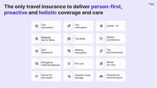 The only travel insurance to deliver person-first,
proactive and holistic coverage and care
Trip
cancelation
Trip
interruption
COVID - 19
Baggage
loss or delay
Trip delay
Missed
connections
24/7
assistance
Medical
evacuation
Trip
inconveniences
Emergency
medical expenses
Pet care
Rental
car care
Cancel for
any reason
Vacation rental
damage
Adventure &
extreme sports
 