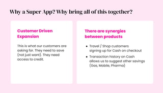 There are synergies
between products
● Travel / Shop customers
signing up for Cash on checkout
● Transaction history on Cash
allows us to suggest other savings
(Gas, Mobile, Pharma)
Why a Super App? Why bring all of this together?
Customer Driven
Expansion
This is what our customers are
asking for. They need to save
(not just want). They need
access to credit.
 