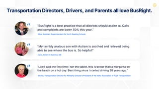 “Like I said the first time I ran the tablet, this is better than a margarita on
the beach on a hot day. Best thing since I started driving 38 years ago.”
Shonia, Transportation Director for Kimberly Schools & President of the Idaho Association of Pupil Transportation
“BusRight is a best practice that all districts should aspire to. Calls
and complaints are down 50% this year.”
Mike, Assistant Superintendent for North Reading Schools
“My terribly anxious son with Autism is soothed and relieved being
able to see where the bus is. So helpful!”
Carol, Parent in Katchoo, ME
Transportation Directors, Drivers, and Parents all love BusRight.
 