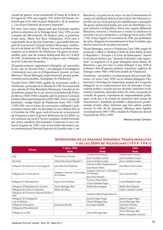 consell de guerra, seran assassinats al Camp de la Bota el               Barcelona, a la pena de sis anys i un dia d’internament en
8 d’agost de 1939, una vegada “S.E. el Jefe del Estado, no-              camps de treball pel delicte d’alta traïció. Els tribunals es-
ticiada que le ha sido la parte dispositiva de la sentencia              pecials van ser creats pel govern republicà per a perseguir
(...) se da por Enterado de la pena impuesta”.                           als grups quintacolumnistes així com als derrotistes o es-
Per tant, com veiem, alguns dels que formaran aquesta                    pies contraris a la República. Ferro, una vegada alliberada
primera estructura de la Falange local, l’any 1939, ja eren              Barcelona, tornaria a Viladecans a exercir la medicina en
coneguts del Movimiento. Hi destaca, però, la presència                  paral·lel a la seva prefectura a la Falange local, entre 1939
d’una dona, Maria Tort Roca (Viladecans, 1912) com a                     i 1941. Entre l’agost i el novembre de 1940, per problemes
responsable de la Sección Femenina i que també formarà                   de salut, delegaria el comandament en Joan Comellas, que
part de la primera Comissió Gestora Municipal, constitu-                 feia les funcions de secretari del partit.
ïda el 6 de febrer de 1939. Maria Tort serà la primera dona              Nicasi Marieges, nascut a Viladecans l’any 1906, pagès de
regidora en la història de Viladecans. Ocuparà el càrrec,                professió i afiliat a l’Institut Català de Sant Isidre durant
sembla, però, que de manera testimonial fins al 2 d’abril                la República i “forzado a la Unió de Rabassaires” durant
de 1941. Al desembre de 1939 ja no figura com a delegada                 la revolució declara que “durante el dominio rojo-separa-
local de la Sección Femenina.                                            tista” va ingressar en el grup falangista Santa Maria, de
D’aquesta primera organització falangista cal assenyalar                 Barcelona i que per això va estar detingut. L’any 1939 el
el seu cap, en Vicente Ferro, i els delegats d’Investigació              trobarem dins d’aquesta primera estructura orgànica de
i Informació així com el d’Organització Juvenil, en Joan                 Falange i entre 1941 i 1945 serà alcalde de Viladecans.
Miernau i Nicasi Marieges, respectivament, perquè poste-                 Finalment, cal ressaltar el nomenament del jove Joan Mi-
riorment seran alcaldes, falangistes, de Viladecans.                     ernau –21 anys, l’any 1939– en la influent delegació d’In-
Vicente Ferro (1895-1943), gadità de naixement, arriba a                 formació i Investigació; important, perquè des d’aquesta
Viladecans a principis de la dècada de 1920. Es casarà amb               delegació on es confeccionaven tots els informes d’ante-
una neboda de Pere Masellach Monmany, l’alcalde de les                   cedents polítics i socials que les diverses autoritats civils,
dictadures, perquè ho va ser durant la dictadura de Primo                militars i judicials, demanen sobre els veïns, encausats en
de Rivera (1923-1930) i després amb la primera Comissió                  consells de guerra, expedients de responsabilitats políti-
Gestora Municipal franquista (1939-1941). Ferro, metge de                ques, avals per a la sortida de presoners dels camps de
professió, i metge titular de Viladecans entre 1929 i 1938               concentració i batallons de treball o depuracions profes-
i 1939-1941, era un home de conviccions catòliques i polí-               sionals, d’entre altres. Informes que tots sabem, podien
ticament conservador. Es desconeix la seva filiació fins al              canviar la vida de les persones. Miernau seria regidor
6 d’octubre de 1934, quan amb el fracàs de la insurrecció                municipal entre 1947 i 1952 i alcalde de Viladecans durant
de l’esquerra contra el govern filofeixista de la CEDA, va               el període de 1952 a 1965.
ser nomenat cap local d’Acció Ciutadana, entitat formada                                                     Manuel Luengo Carrasco
per antics membres del Sometent. Coneixem la seva de-
tenció al gener de 1938 i com al novembre del mateix any
es condemnat pel Tribunal Especial de Guardia núm. 1, de



                                         Estructura de la Falange Española Tradicionalista
                                                   y de las JONS de Viladecans (1939-1941)
                                                   7 març 1939                          1940                         1941
                 Càrrec
                                                      Nom                               Nom                          Nom
                                                                            Vicente Ferro Estrade        Vicente Ferro Estrade
Cap                                      Vicente Ferro Estrade
                                                                            Joan Comellas Guitart        Joan Comellas Guitart
Secretari                                Alfred Deu Perull (Borrull ?)      Joan Comellas Guitart        Joan Comellas Guitart
                                                                            Andreu Calbet Puigdoménech
Delegació de Informació i Investigació   Joan Miernau Domènch                                      José María Léon Gómez
                                                                      Joan Bonich Martí
                                                                      Gregorio Gimenez y Fernández
                                         Gregorio Gimenez y Fernández de Córdoba
Delegació de l’Auxili Social                                                                       Joan Janer Roselló
                                         de Córdoba
                                                                      Joan Janer Roselló
                                                                      Francesc Piñol Bosch
Delegació d’Administració                Josep Calvet Ventosa                                      Claudi Balletbó Pugés
                                                                      Claudi Balletbó Pugés
Delegació d’Organitzacions Juvenils      Nicasi Marieges Mas          Baldiri Barat Baqués         Baldiri Barat Baqués
Delegació de la Secció Femenina          Maria Tort Roca                                           Josefa Comellas Guitart
Delegació de Formació Nacional Sindica-
                                                                            Andreu Calbet Puigdoménech
lista
Delegació de Propaganda                                                     Jaume Gorgas Pugés           Jaume Gorgas Pugés
Cap de Milícies                                                             Nicasi Marieges Mas          Nicasi Marieges Mas
Delegació d’Excaptius                   Joan Janer Roselló                  Joan Janer Roselló           Joan Janer Roselló
Delegació d’Excombatents                                                                                 Miquel Cardona
                                                                                                         Nicasi Marieges Mas
Delegat de la CNS                                                           Nicasi Marieges Mas
                                                                                                         Benito Fernández Larrauri


Viladecans Punt de Trobada - Núm. 64 - Març 2013                                                                                          18
 