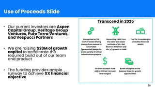 • Our current investors are Aspen
Capital Group, Heritage Group
Ventures, Pure Terra Ventures,
and Vespucci Partners
• We are raising $20M of growth
capital to accelerate the
required build out of our team
and product
• The funding provides ample
runway to achieve XX financial
objective
Recognized as THE
market leader driving
change from manual to
automated
(generative) design for
a wide variety of critical
infrastructure projects
Generating CARR from
the water and power
verticals w/ x%+ Net
Revenue Retention and
x%+ y/y growth in CARR
Top Tier Gross Margins
and other financial
details
On track to reach >$xM
ARR in 2028 w/ x%+ cash
flow margins
$xxM+ of capital on the
Balance Sheet for growth
opportunities
Transcend in 2025
Use of Proceeds Slide
16
 