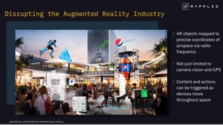 CONFIDENTIAL AND PROPRIETARY INFORMATION OF RYPPLZZ
AR objects mapped to
precise coordinates of
airspace via radio
frequency
Not just limited to
camera vision and GPS
Content and actions
can be triggered as
devices move
throughout space
Disrupting the Augmented Reality Industry
 