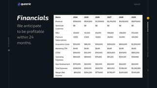 Financials
We anticipate
to be profitable
within 24
months.
Investment
Deck
12
012
20
24
Queerie
Your
Life
Queerie
Connections
Platform:
Financials
2024 03
 