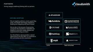 P A R T N E R S
Driving category-redeﬁning thinking with our partners.
ACTIVE
20
D R I V I N G A D O P T I O N
We are targeting webinars, events, guest blog
posts, and deeper technology integrations;
building and integrating with best-in-breed.
We are also in the process of sponsoring
companies like StackStorm, RabbitMQ and
Adoptium; prominent widely adopted and
respected technology providers.
Our Cloud-Native nature provides a natural
opportunity to join the CNCF; to contribute to
the community, and drive awareness.
TARGET AFFILIATIONS
 