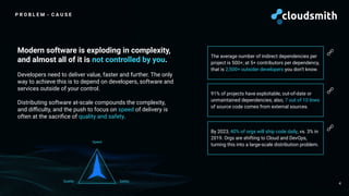 P R O B L E M - C A U S E
4
The average number of indirect dependencies per
project is 500+; at 5+ contributors per dependency,
that is 2,500+ outsider developers you don’t know.
91% of projects have exploitable, out-of-date or
unmaintained dependencies; also, 7 out of 10 lines
of source code comes from external sources.
🔗
🔗
Modern software is exploding in complexity,
and almost all of it is not controlled by you.
Developers need to deliver value, faster and further. The only
way to achieve this is to depend on developers, software and
services outside of your control.
Distributing software at-scale compounds the complexity,
and diﬃculty, and the push to focus on speed of delivery is
often at the sacriﬁce of quality and safety.
Safety
Quality
Speed
By 2023, 40% of orgs will ship code daily, vs. 3% in
2019. Orgs are shifting to Cloud and DevOps,
turning this into a large-scale distribution problem.
🔗
 