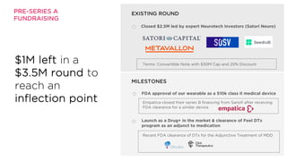EXISTING ROUND
MILESTONES
FDA approval of our wearable as a 510k class II medical device
Launch as a Drug+ in the market & clearance of Feel DTx
program as an adjunct to medication
PRE-SERIES A
FUNDRAISING
$1M left in a
$3.5M round to
reach an
inflection point Empatica closed their series B financing from Sanofi after receiving
FDA clearance for a similar device
Recent FDA clearance of DTx for the Adjunctive Treatment of MDD
Terms: Convertible Note with $30M Cap and 20% Discount
Closed $2.5M led by expert Neurotech investors (Satori Neuro)
 