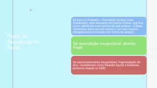 z
Plano de
Sequência de
Alvos
Se foco no Passado – Prioridade do Alvo mais
mobilizador, sem esquecer do Evento Chave, que fica
como referência mais teórica do que prática – a Base
Verdadeira deve ser pré-verbal e, por isso mesmo,
intergeracional (conexão com teoria de apego);
Se recordação insuportável, técnica
Flash
Se reprocessamento insuportável, fragmentação do
alvo, considerado como Reação Aguda a Estresse,
protocolo Assyst ou EMD
 