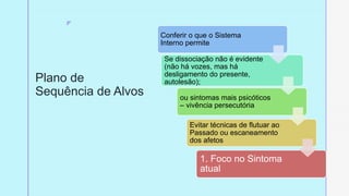 z
Plano de
Sequência de Alvos
Conferir o que o Sistema
Interno permite
Se dissociação não é evidente
(não há vozes, mas há
desligamento do presente,
autolesão);
ou sintomas mais psicóticos
– vivência persecutória
Evitar técnicas de flutuar ao
Passado ou escaneamento
dos afetos
1. Foco no Sintoma
atual
 
