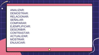 ANALIZAR:
DEMOSTRAR:
RELACIONAR:
SEÑALAR:
COMPARAR:
EJEMPLIFICAR:
DESCRIBIR:
CONTRASTAR:
ACTUALIZAR:
MOSTRAR:
ENJUICIAR:
 