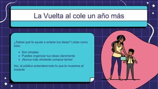 La Vuelta al cole un año más
¿Sabes qué te ayuda a aclarar tus ideas? Listas como
esta:
● Son simples
● Puedes organizar tus ideas claramente
● ¡Nunca más olvidarás comprar leche!
Así, el público entenderá todo lo que le muestres al
instante
 