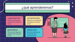¿qué aprenderemos?
organización
Marte contiene gran
cantidad de óxido de
hierro
comprensión
Neptuno es el planeta
más lejano de todos
al Sol
gramática
Venus es el segundo
planeta más cercano
al Sol
redacción
Mercurio además es
el planeta más
cercano al Sol
 