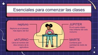 Esenciales para comenzar las clases
neptuno
Neptuno es el planeta
más lejano del Sol
sATURNO
Lleva el nombre del
dios romano de la
agricultura
JUPITER
Es el cuarto objeto
más brillante del cielo
nocturno
MARTE
Contiene gran
cantidad de óxido de
hierro
 