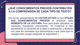 ¿QUÉ CONOCIMIENTOS PREVIOS CONTRIBUYEN
A LA COMPRENSIÓN DE CADA TIPO DE TEXTO?
Una de las características del LECTOR ACTIVO es que UTILIZA
SUS CONOCIMIENTOS PREVIOS al atravesar cada
MOMENTO DE LA LECTURA. Pero para poder utilizarlos, es
necesario manejarlos previamente. Te invitamos a leer
atentamente el contenido de la tabla a continuación y destacar
con color los conceptos que desconozcas o que creas que no
manejas bien (¡luego asegúrate de repasarlos! ):
 