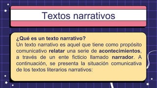 Textos narrativos
¿Qué es un texto narrativo?
Un texto narrativo es aquel que tiene como propósito
comunicativo relatar una serie de acontecimientos,
a través de un ente ficticio llamado narrador. A
continuación, se presenta la situación comunicativa
de los textos literarios narrativos:
 