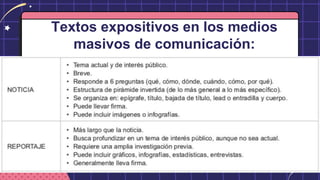 Textos expositivos en los medios
masivos de comunicación:
 