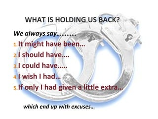 WHAT IS HOLDING US BACK?
We always say…………
1. It might have been…
2. I should have….
3. I could have…..
4. I wish I had…
5. If only I had given a little extra…


        which end up with excuses…
 