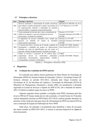 Página 14 de 25
3.7 Princípios e diretrizes
Item Princípio e diretrizes Origem
P
D01
Deve-se maximizar a terceirização de tarefas executivas,
para dedicar o quadro permanente à gestão e governança da
TI organizacional, limitado à maturidade do mercado,
interesse público e segurança institucional/nacional.
Decreto-lei nº 200/1967, art. 10, §
7º e 8º Decreto nº 2.271/1997
P
D02
Toda contratação de serviços deve visar ao atendimento de
objetivos de negócio, o que será avaliado por meio de
mensuração e avaliação de resultados.
Decreto nº 2.271/1997
Instrução Normativa SLTI/MP nº
04/2008
P
D03
O pagamento de serviços contratados deve, sempre que
possível, ser definido em função de resultados
objetivamente mensurados.
Decreto nº 2.271/1997
Instrução Normativa SLTI/MP nº
04/2008
P
D04
A maioria dos bens e serviços de TI atende a padrões de
desempenho e qualidade que podem ser objetivamente
definidos por meio de especificações que são usuais no
mercado, cabendo obrigatoriamente a licitação por pregão.
Acórdão 2471/2008 - Plenário
Nota Técnica SEFTI/TCU nº 2
P
D05
Todos os serviços e processos de TI críticos para a
organização devem ser monitorados (planejados,
organizados, documentados, implementados, medidos,
acompanhados, avaliados e melhorados)
COBIT
Acórdão 1603/2008 - Plenário
Tabela 3 – Princípios e diretrizes (PD)
4 Diagnóstico
4.1 Avaliação dos resultados do PDTI anterior
Foi realizada uma análise técnica preliminar do Plano Diretor de Tecnologia da
Informação (PDTI) do Instituto Federal de Educação, Ciência e Tecnologia Goiano (IF
Goiano), referente ao período 2011-2012, realizada pelo Grupo Consultor em
Governança de TI, da Secretaria de Logística e Tecnologia da Informação (SLTI) do
Ministério do Planejamento, Orçamento e Gestão (MP), em atendimento à demanda
registrada na Central de Serviços e Suporte do SISP (C3S), sob o chamado de número
4261. O relatório completo segue em anexo ao PDTI.
Algumas sugestões foram acatadas e corrigidas neste PDTI, entretanto pelo fato
do novo PDI do IF Goiano ainda não ter sido concluído, o Comitê Gestor de TI decidiu
realizar adequações mínimas no PDTI biênio 2013-2014 e realizar grandes alterações na
próxima versão, tendo previsão para início de reformulação do PDTI em Janeiro/2014 já
com a nomeação da Equipe de Elaboração do Novo PDTI.
Além disso, foi realizado o levantamento para identificar o status de execução
das metas contidas no PDTI 2011-2012. A mesma se encontra disponível no Anexo A
deste documento.
 