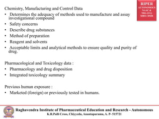 RIPER
AUTONOMOUS
NAAC &
NBA (UG)
SIRO- DSIR
Raghavendra Institute of Pharmaceutical Education and Research - Autonomous
K.R.Palli Cross, Chiyyedu, Anantapuramu, A. P- 515721
Chemistry, Manufacturing and Control Data
• Determines the adequacy of methods used to manufacture and assay
investigational compound
• Safety concerns
• Describe drug substances
• Method of preparation
• Reagent and solvents
• Acceptable limits and analytical methods to ensure quality and purity of
drug.
Pharmacological and Toxicology data :
• Pharmacology and drug disposition
• Integrated toxicology summary
Previous human exposure :
• Marketed (foreign) or previously tested in humans.
 