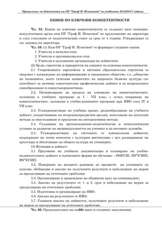 Правилник за дейността на ОУ "Граф Н. Игнатиев" за учебната 2016/2017 година
ЕКИПИ ПО КЛЮЧОВИ КОМПЕТЕНТНОСТИ
Чл. 58. Екипи по ключови компетентности се създават като помощно-
консултативен орган към ОУ "Граф Н. Игнатиев" по предложение на директора
и след гласуване от педагогическия съвет за срок от 4 години. Утвърждават се
със заповед на директора.
Чл. 59. (1) Към ОУ "Граф Н. Игнатиев" се формират следните екипи:
1. Учители в начален етап
2. Учители в прогимназиален етап
3. Учители в целодневна организация на дейностите
(2) Цели, стратегии и приоритети на екипите по ключови компетентности:
2.1 Съвременната европейска и световна образователна стратегия се
свързват с изграждане на информационно и гражданско общество, т.е. „общество
на познанието, което съчетава ценностите на широката базисна култура със
способност за активна самостоятелна професионална дейност и за непрекъснато
самообразоване и самоусъвършенстване.
2.2. Оптимизиране на процеса на усвояване на компетентностите,
заложени в учебните програми за I - VII клас, с оглед покриване на
компетентностите, заложени в учебно-изпитните програми при НВО след IV и
VII клас.
2.3. Усъвършенстване на учебния процес, разнообразяване на учебната
дейност, осъществяване на вътрешнопредметни връзки, използване на актуални
методи за онагледяване и прилагане на интерактивни методи.
2.4. Създаване на организационно-педагогически и психологически
условия за развитие на индивидуалността на ученика и на неговите заложби.
2.5. Усъвършенстване на системата от извънкласни дейности;
поддържане на тесни контакти с културни институции с цел разширяване на
кръгозора и обогатяване на общата култура на учениците.
(3) Функции и дейност:
3.1 Проучване на учебната документация и планиране на учебно-
възпитателната дейност в съответните форми на обучение – ООП/ЗП, ИУЧ/ЗИП,
ФУЧ/СИП;
3.2. Измерване на входното равнище по предмети на учениците по
класове, обобщение и анализ на получените резултати и набелязване на мерки
за преодоляване на отчетените проблеми;
3.3. Организиране и провеждане на общински кръг на олимпиадите;
3.4. Анализ на резултатите от 1. и 2. срок и набелязване на мерки за
преодоляване на отчетените проблеми;
3.5. Подготовка и организиране на НВО;
3.6. Анализ на резултатите от НВО;
3.7. Годишен анализ на дейността, получените резултати и набелязване
на мерки за преодоляване на отчетените проблеми.
Чл. 60. Председателите на екипи имат и следните задължения:18
 