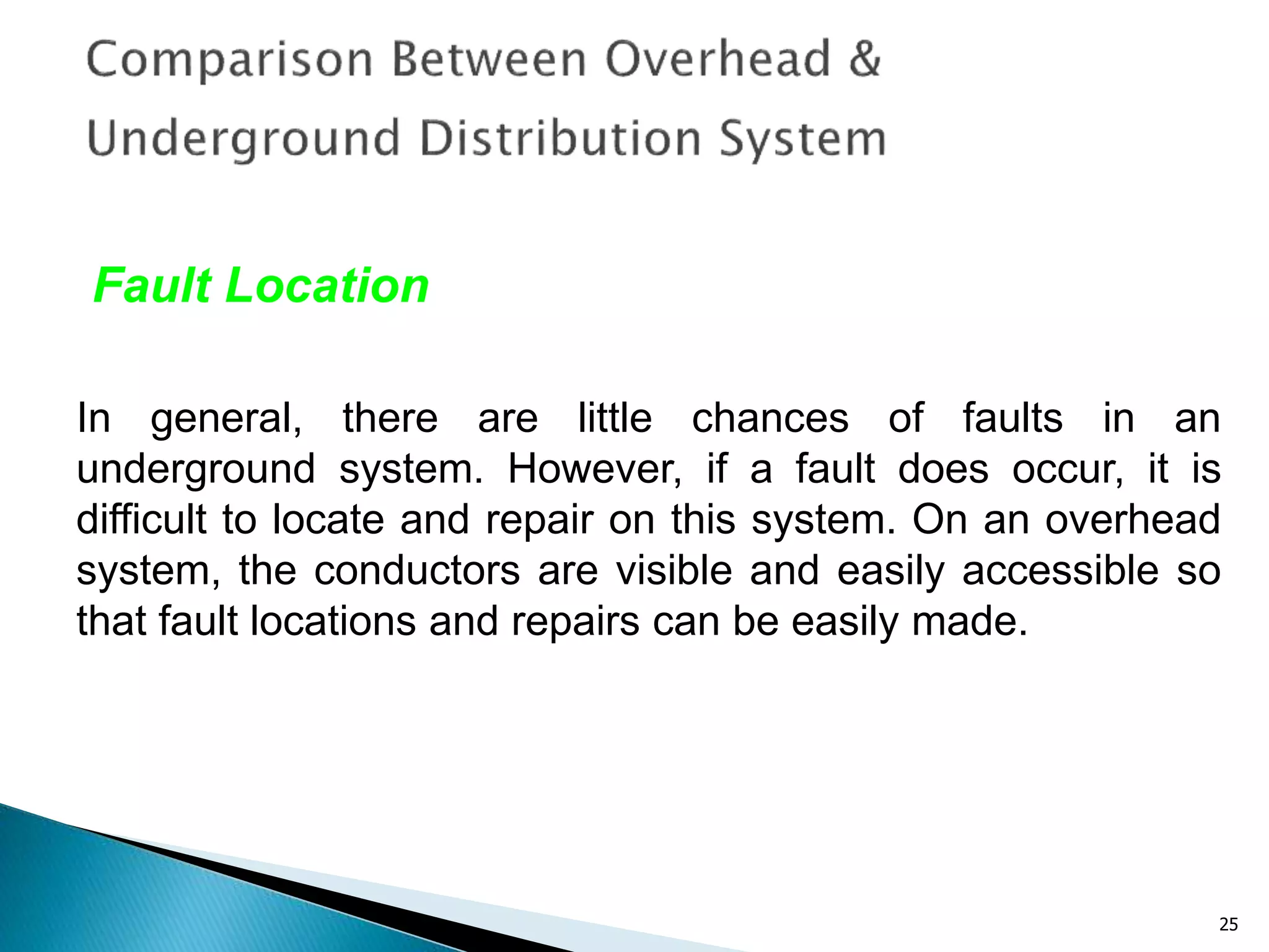 25
Fault Location
In general, there are little chances of faults in an
underground system. However, if a fault does occur, it is
difficult to locate and repair on this system. On an overhead
system, the conductors are visible and easily accessible so
that fault locations and repairs can be easily made.
 