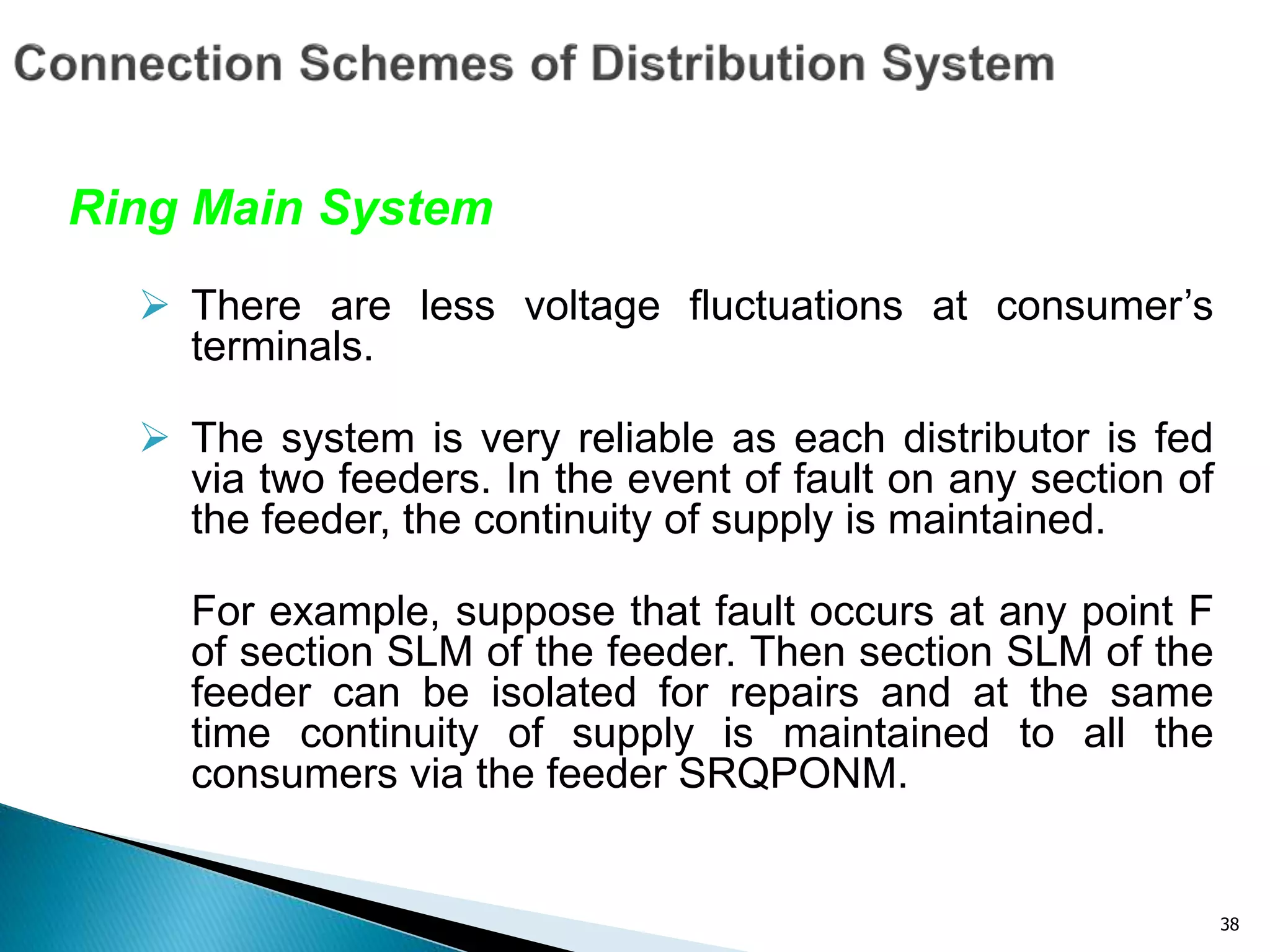 38
Ring Main System
 There are less voltage fluctuations at consumer’s
terminals.
 The system is very reliable as each distributor is fed
via two feeders. In the event of fault on any section of
the feeder, the continuity of supply is maintained.
For example, suppose that fault occurs at any point F
of section SLM of the feeder. Then section SLM of the
feeder can be isolated for repairs and at the same
time continuity of supply is maintained to all the
consumers via the feeder SRQPONM.
 