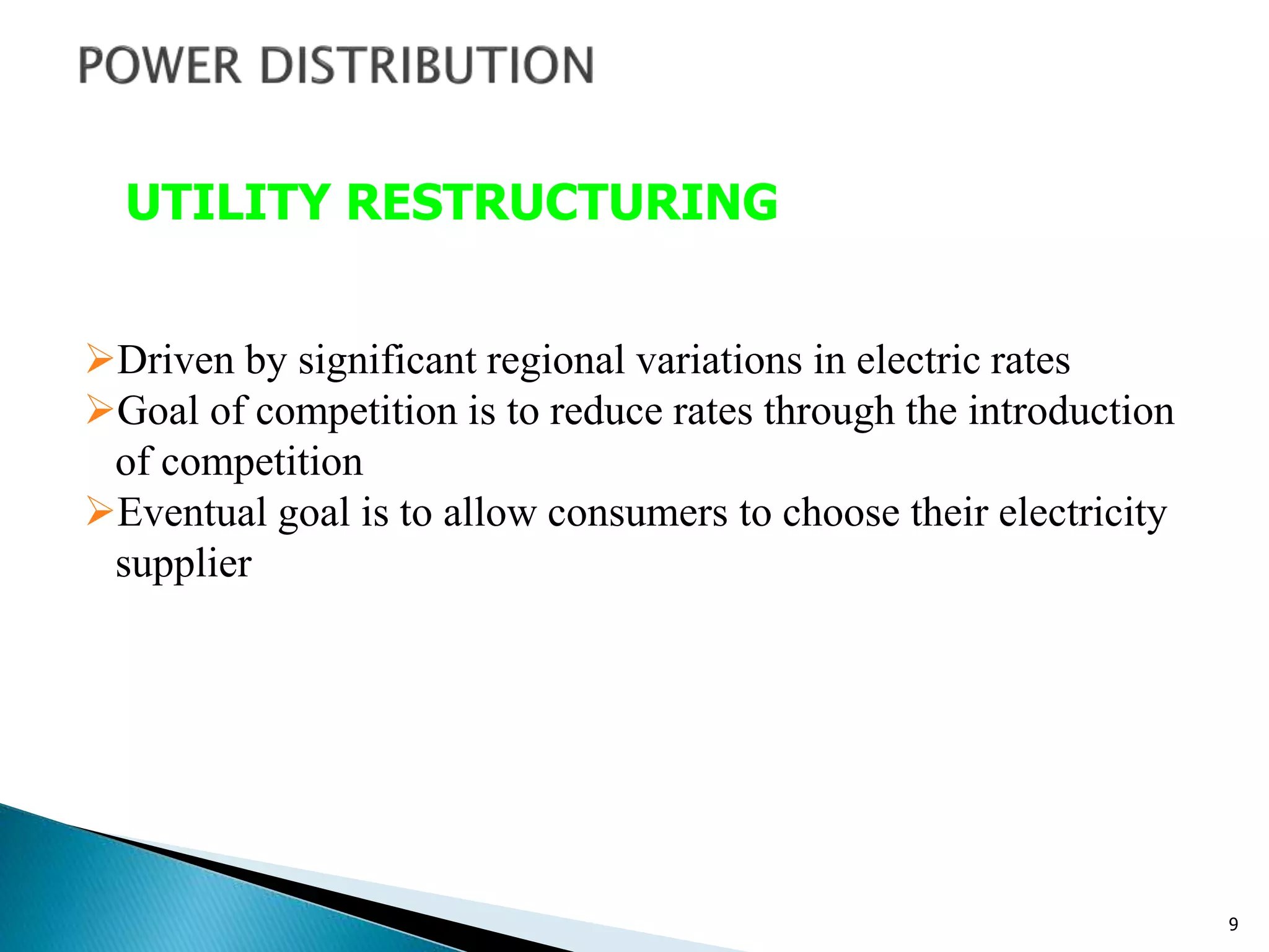 9
Driven by significant regional variations in electric rates
Goal of competition is to reduce rates through the introduction
of competition
Eventual goal is to allow consumers to choose their electricity
supplier
UTILITY RESTRUCTURING
 