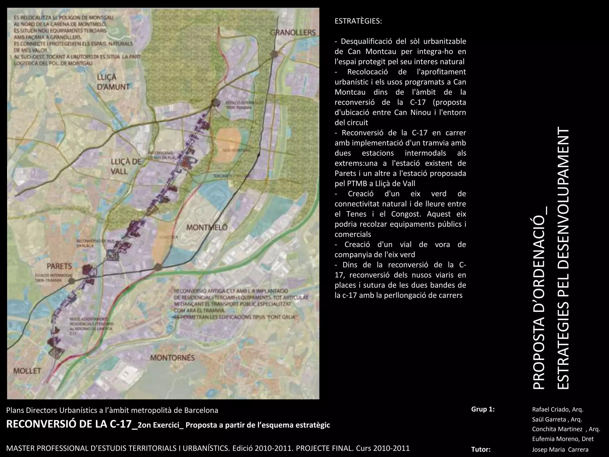 ESTRATÈGIES: - Desqualificació del sòlurbanitzable de Can Montcau per integra-ho en l'espaiprotegitpelseuinteres natural- Recolocació de l'aprofitamenturbanístic i els usos programats a Can Montcaudins de l'àmbit de la reconversió de la C-17 (propostad'ubicació entre Can Ninou i l'entorn del circuit- Reconversió de la C-17 en carrerambimplementaciód'untramviaambduesestacionsintermodalsalsextrems:una a l'estació existent de Parets i un altre a l'estació proposadapel PTMB a Lliçà de Vall- Creaciód'uneixverd de connectivitat natural i de lleure entre el Tenes i el Congost. Aquesteixpodriarecolzarequipamentspúblics i comercials- Creaciód'un vial de vora de companyia de l'eixverd- Dins de la reconversió de la C-17, reconversiódelsnusosviaris en places i sutura de les duesbandes de la c-17 amb la perllongació de carrersPROPOSTA D’ORDENACIÓ_ESTRATEGIES PEL DESENVOLUPAMENTPlansDirectorsUrbanístics a l’àmbitmetropolità de BarcelonaRECONVERSIÓ DE LA C-17_2on Exercici_ Proposta a partir de l’esquemaestratègicMASTER PROFESSIONAL D’ESTUDIS TERRITORIALS I URBANÍSTICS. Edició 2010-2011. PROJECTE FINAL. Curs 2010-2011Grup 1:Rafael Criado, Arq.Saül Garreta , Arq.	ConchitaMartinez  , Arq.	Eufemia Moreno, DretTutor: Josep Maria  Carrera 
