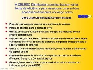 Pressão nas margens mesmo com aumento de volume Perda de clientes para o mercado livre Gestão de Risco é fundamental para compra no mercado livre a preços competitivos Estrutura organizacional sobre dimensionada mesmo com  PAIs  requer otimização adicional através de sistemas integrados de gestão para a sobrevivência da empresa  Redução de inadimplência para recuperação de receitas e diminuição de capital de giro Compartilhamento de serviços de suporte com outras atividades (Telecom, Geração e Comercialização)  Otimização os investimentos para maximizar valor e atender os índices exigidos pela ANEEL Conclusão  Distribuição/Comercialização Fonte:  A nálise Accenture A CELESC Distribuidora precisa buscar várias  fonte de eficiência para assegurar uma solidez econômico-financeira no longo prazo 