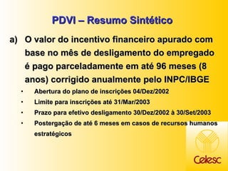 PDVI – Resumo Sintético O valor do incentivo financeiro apurado com base no mês de desligamento do empregado é pago parceladamente em até 96 meses (8 anos) corrigido anualmente pelo INPC/IBGE Abertura do plano de inscrições 04/Dez/2002 Limite para inscrições até 31/Mar/2003 Prazo para efetivo desligamento 30/Dez/2002 à 30/Set/2003 Postergação de até 6 meses em casos de recursos humanos estratégicos 