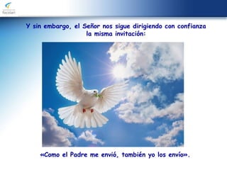 Y sin embargo, el Señor nos sigue dirigiendo con confianza
la misma invitación:
«Como el Padre me envió, también yo los envío».
 