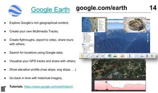 Google Earth
● Explore Google’s rich geographical content;
● Create your own Multimedia Tracks;
● Create flythroughs, export to video, share tours
with others;
● Search for locations using Google data;
● Visualize your GPS tracks and share with others;
● Show elevation profile (max slope, avg slope, …)
● Go back in time with historical imagery.
● Tutorials: https://www.google.com/earth/learn/
14google.com/earth
 