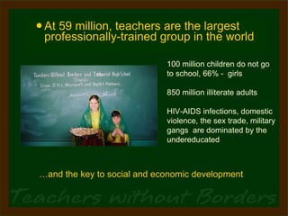 At 59 million, teachers are the largest professionally-trained group in the world 100 million children do not go  to school, 66% -  girls 850 million illiterate adults  HIV-AIDS infections, domestic violence, the sex trade, military gangs  are dominated by the undereducated … and the key to social and economic development 