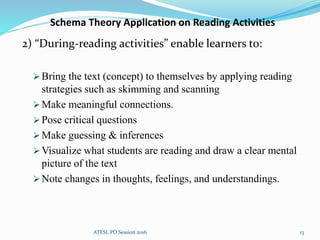 Schema Theory Application on Reading Activities
2) “During-reading activities” enable learners to:
 Bring the text (concept) to themselves by applying reading
strategies such as skimming and scanning
 Make meaningful connections.
 Pose critical questions
 Make guessing & inferences
 Visualize what students are reading and draw a clear mental
picture of the text
 Note changes in thoughts, feelings, and understandings.
ATESL PD Session 2016 13
 