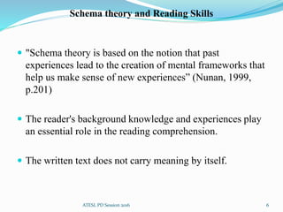 Schema theory and Reading Skills
 "Schema theory is based on the notion that past
experiences lead to the creation of mental frameworks that
help us make sense of new experiences” (Nunan, 1999,
p.201)
 The reader's background knowledge and experiences play
an essential role in the reading comprehension.
 The written text does not carry meaning by itself.
6ATESL PD Session 2016
 
