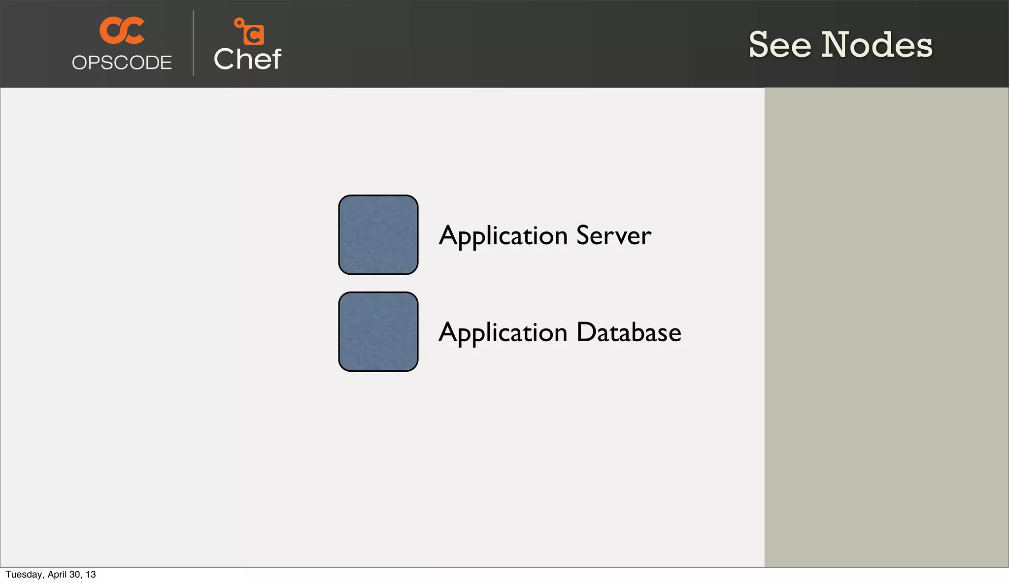 See Nodes
Application Server
Application Database
Tuesday, April 30, 13
 