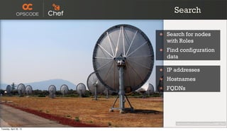 http://www.ﬂickr.com/photos/kathycsus/2686772625
• IP addresses
• Hostnames
• FQDNs
• Search for nodes
with Roles
• Find configuration
data
Search
Tuesday, April 30, 13
 