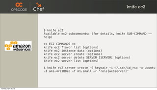 knife ec2
$ knife ec2
Available ec2 subcommands: (for details, knife SUB-COMMAND --
help)
** EC2 COMMANDS **
knife ec2 flavor list (options)
knife ec2 instance data (options)
knife ec2 server create (options)
knife ec2 server delete SERVER [SERVER] (options)
knife ec2 server list (options)
$ knife ec2 server create -S keypair -i ~/.ssh/id_rsa -x ubuntu
-I ami-4721882e -f m1.small -r 'role[webserver]'
Tuesday, April 30, 13
 