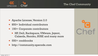 The Chef Community
• Apache License,Version 2.0
• 850+ Individual contributors
• 150+ Corporate contributors
• HP, Dell, Rackspace,VMware, Joyent,
Calxeda, Heroku, SUSE and many more
• 550+ cookbooks
• http://community.opscode.com
Tuesday, April 30, 13
 
